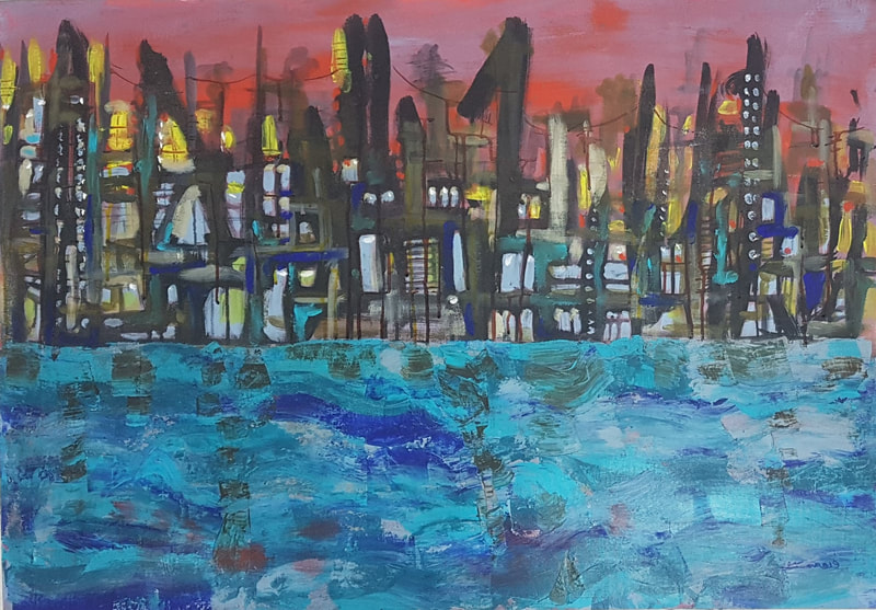 Cityscapes mixed media on canvas original artwork by Fadwa Al Qasem